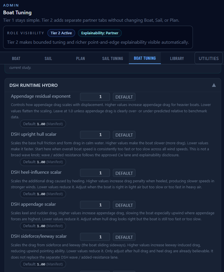 SailEdge Boat Tuning DSH Hydro panel showing always-visible help text below each tuning knob