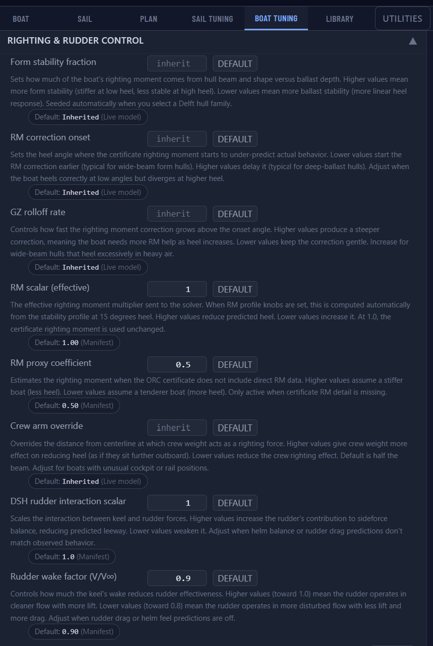SailEdge Boat Tuning Righting and Rudder Control panel showing Form stability fraction, RM correction onset, and GZ rolloff rate