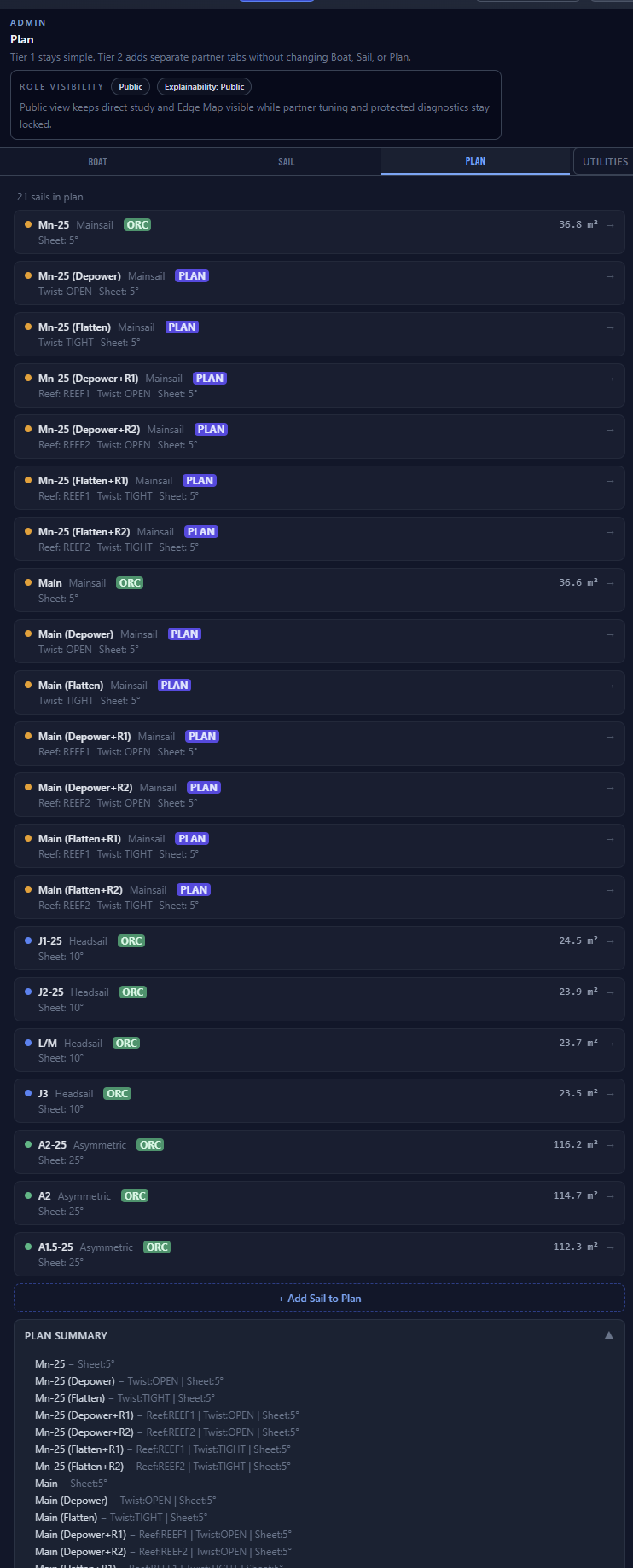 SailEdge Plan Tab &mdash; full sail plan with TWA ranges, ORC and Plan provenance badges, and Plan Summary
